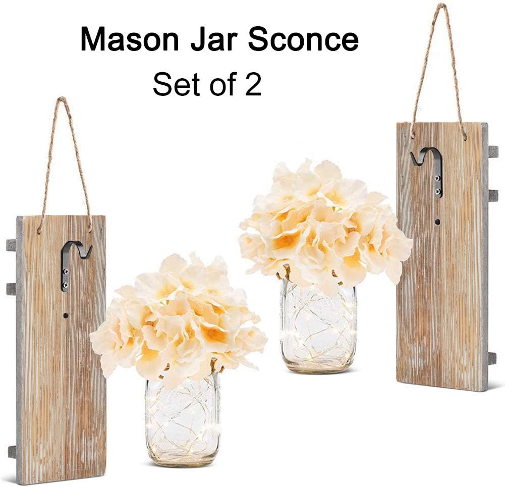 Rustic Mason Jar Sconces for Home Decor Vinkki Silk Hydrangea Flower Light Wall Decor with 3 Meters 30 LED Strip Lights 6 Hours Timer Fairy Lights for Farmhouse Kitchen Decoration (Set of 2）---QQ510637638