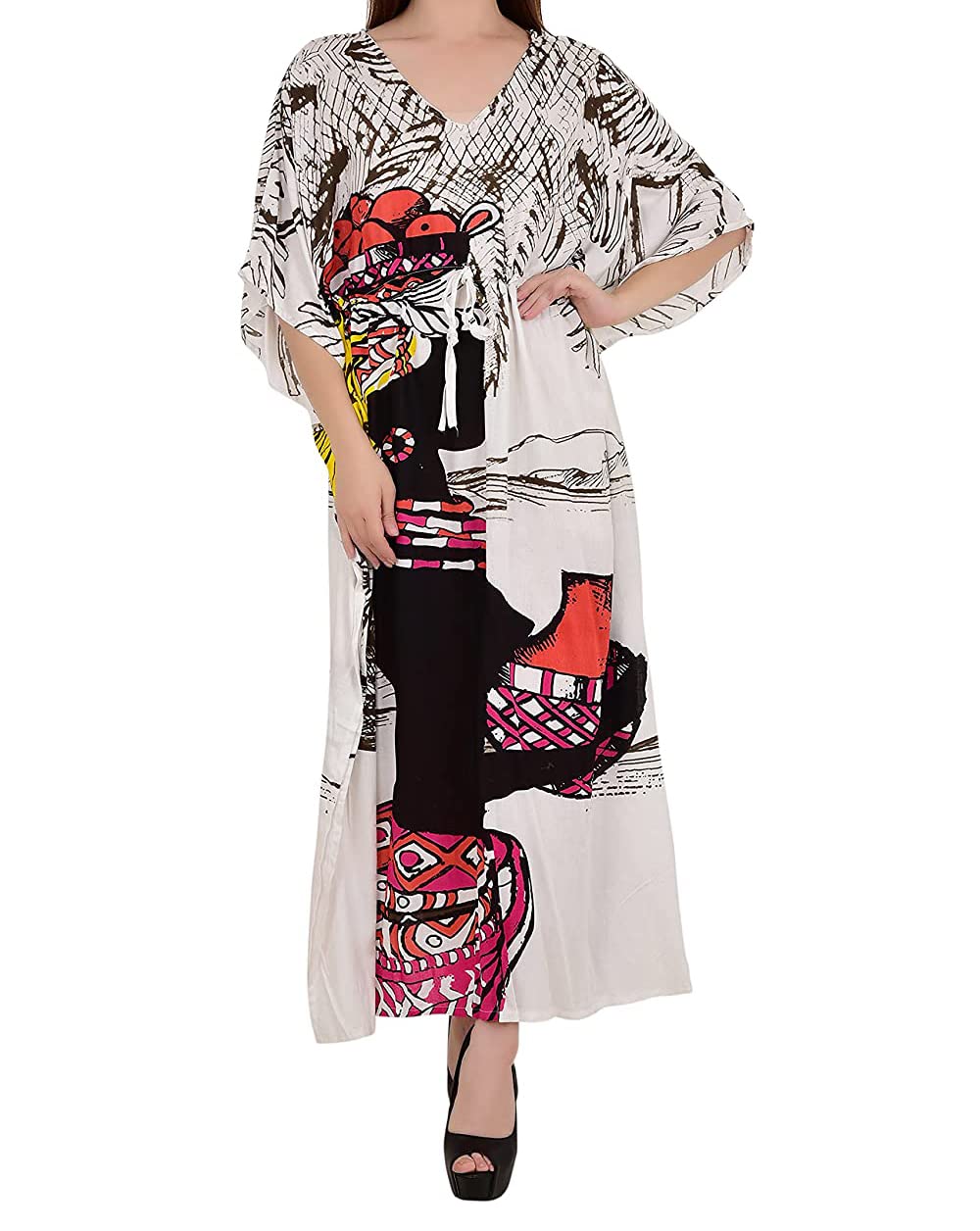 Ukal Caftan en coton pour femme - Impression numérique - Caftan - Robe longue - Longueur cheville - Sarong - Blanc - Taille unique