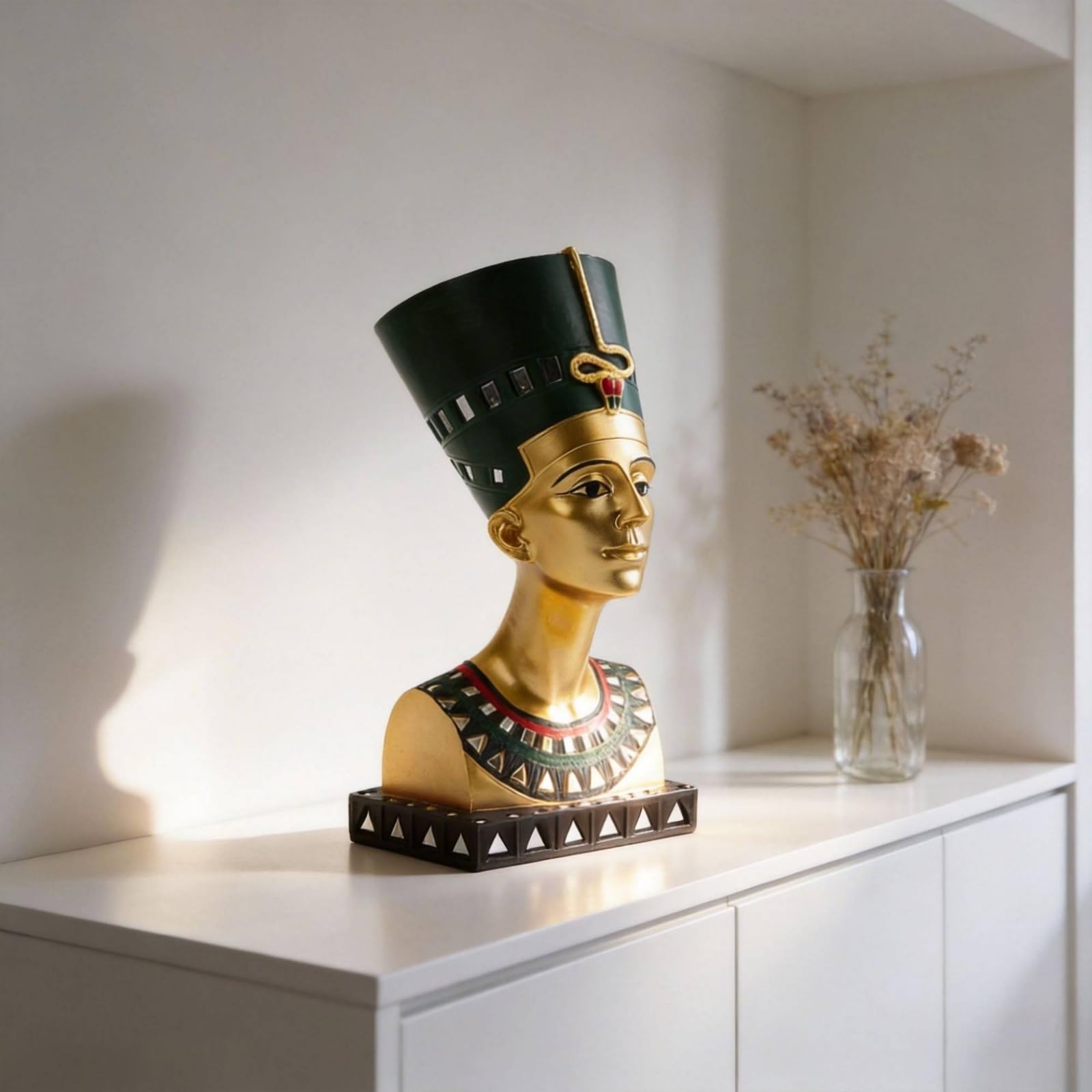 Busto Decorativo de Resina Reina del Estatua Figurilla Escultura Rostro Dorado Alto Base Cuadrada Patrón Geométrico Adecuado para Estanterías Oficina Recibidor Salón