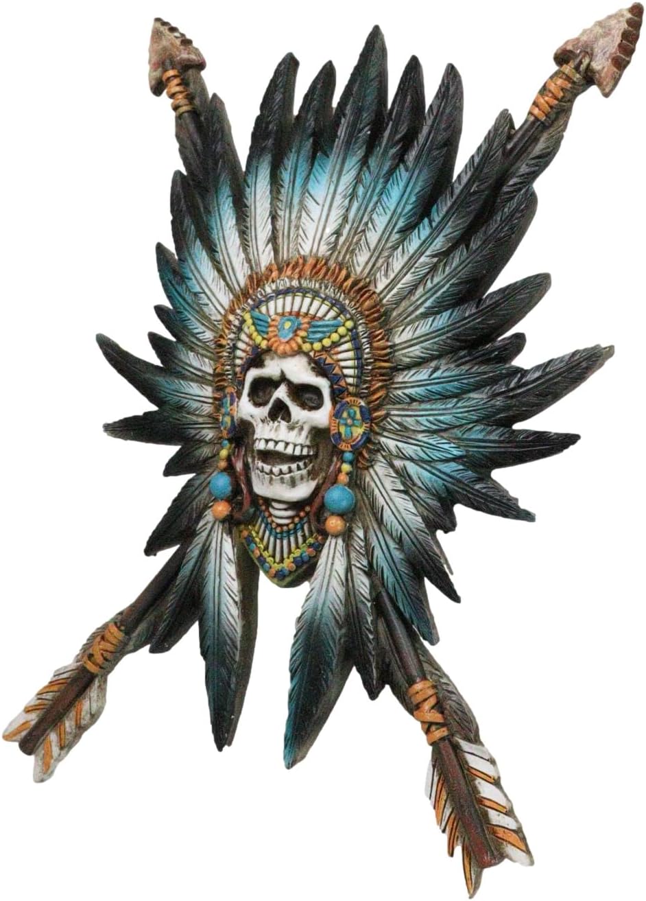 Ebros Gift Southwestern Native Indian Chieftain Warrior Skull with Roach Headdress and Crossed Arrows Wall Decor Sculpture Hanging Plaque Figurine As Gothic Decoration Cultural Heritage Arts