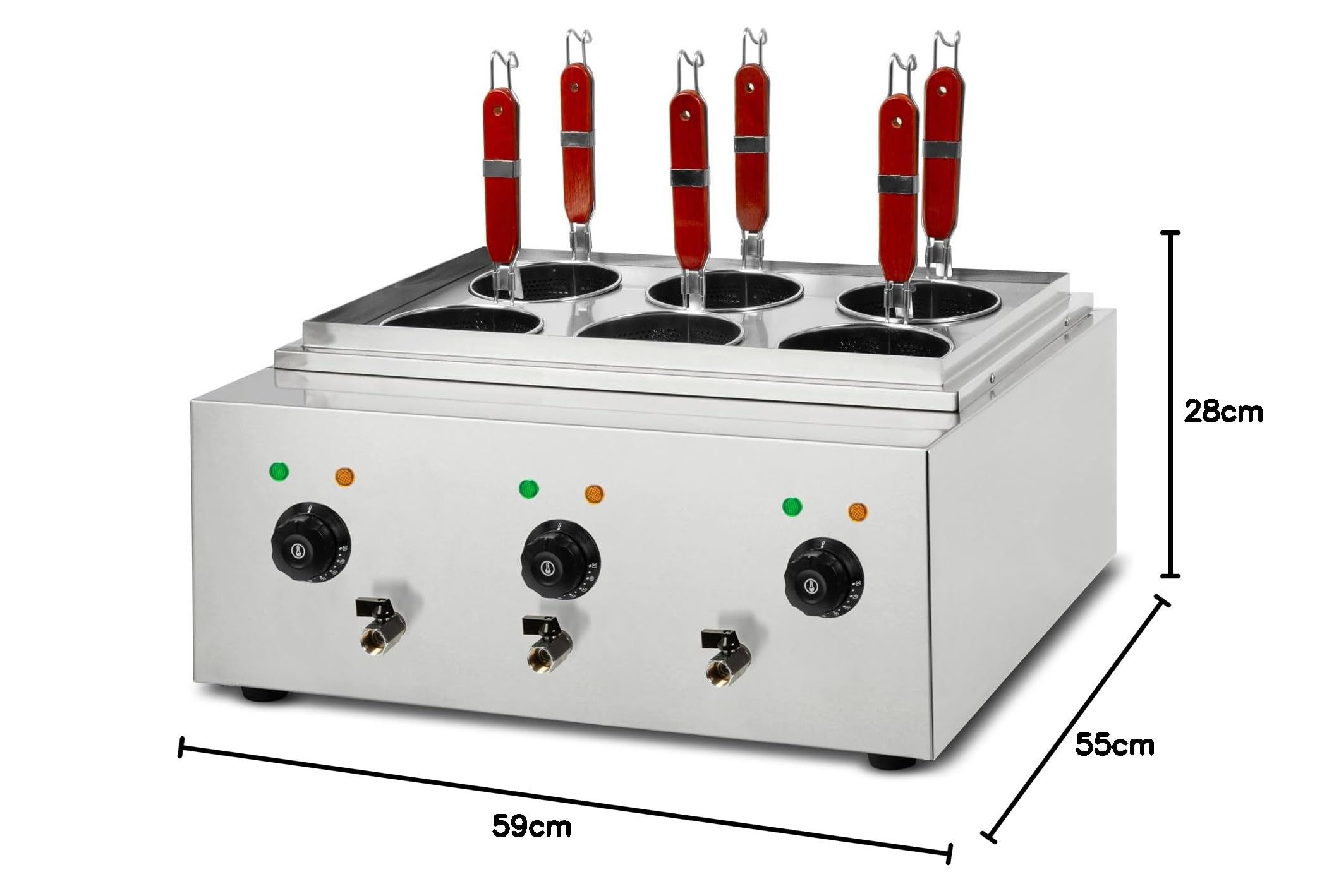 VERTES Cuocipasta Professionale in Acciaio Inox, Elettrico, 3x 1700W, 3 Vasche di Cottura Separate da 6 Litri ciascuna, 6 Cestelli per la Pasta, 3x Rubinetto di Scarico, 3x Impostazione Temperatura
