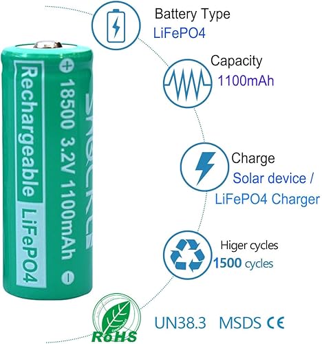 Miniatura 10 de Shockli 18500 - Baterías solares de 3.2 V, batería solar recargable de fosfato de litio LiFePO4 de 3.2 voltios 1100 mAh para luces solares al aire
