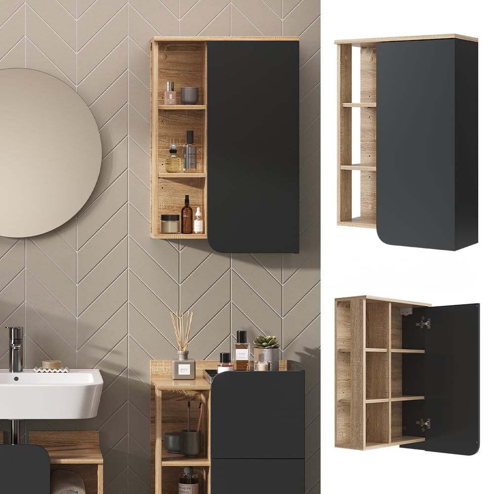 Vicco Mobile bagno Karen, Sonoma/antracite, 50 x 75 cm con porta e vani aperti, per montaggio a parete con vani a giorno e vani chiusi