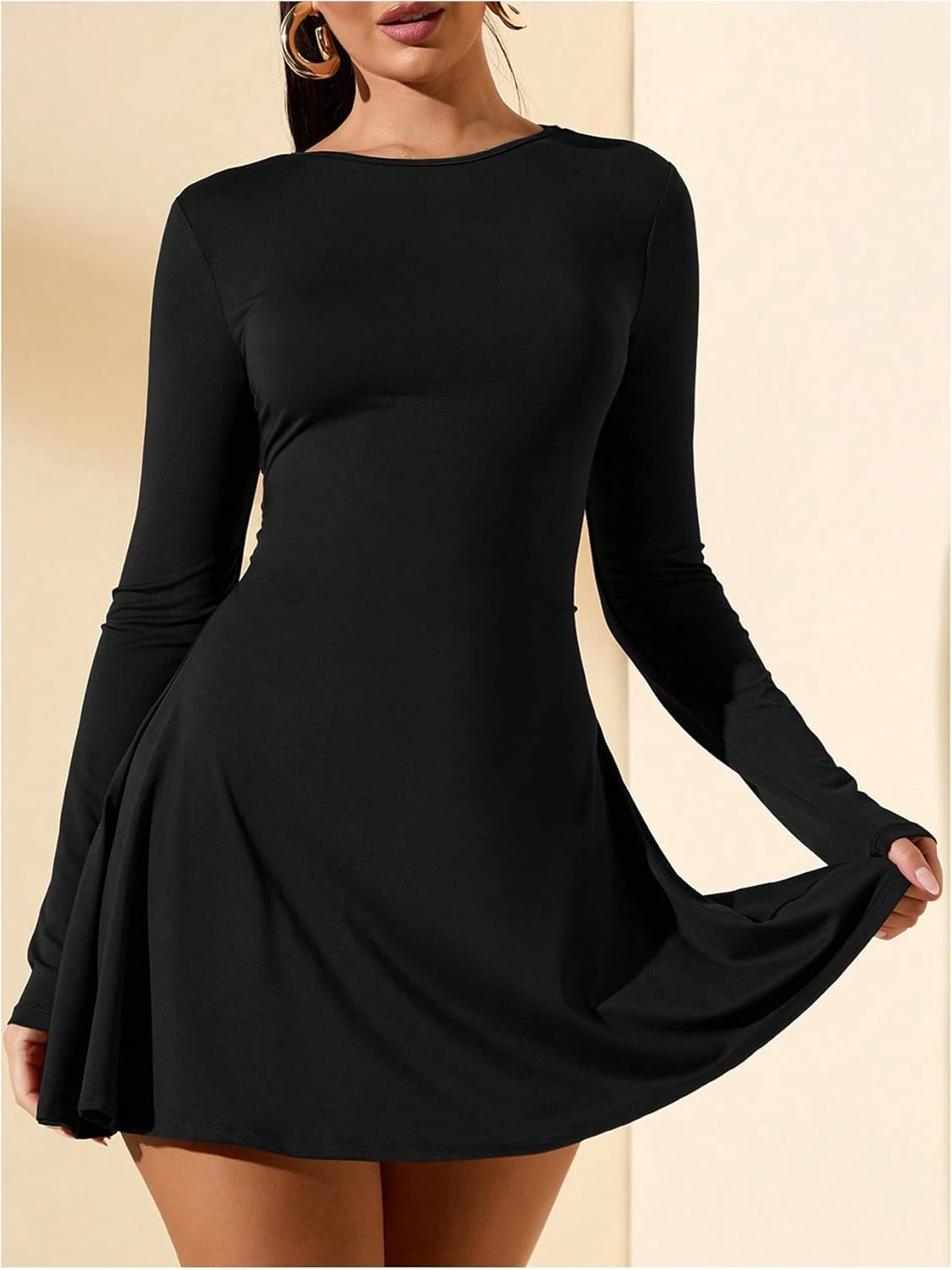 SOLY HUX Women's Long Sleeve Mini Dress Elegant Lace Up Crew Neck Work Office Dresses - Image 3