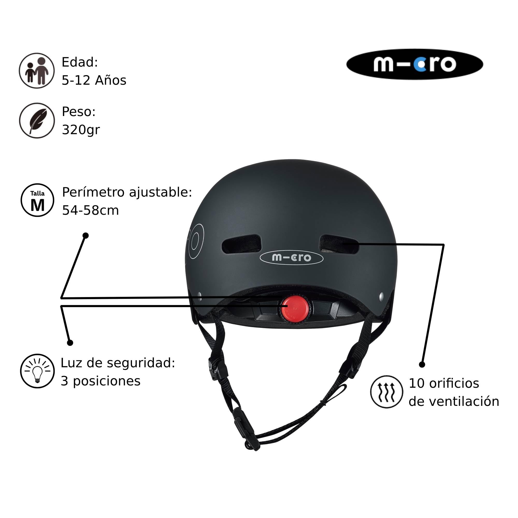Casco Micro® v2 Ultraligero 320gr Luz Seguridad Almohadilla Interior Una Sola Pieza Talla M Adulto 54-58 cm Negro