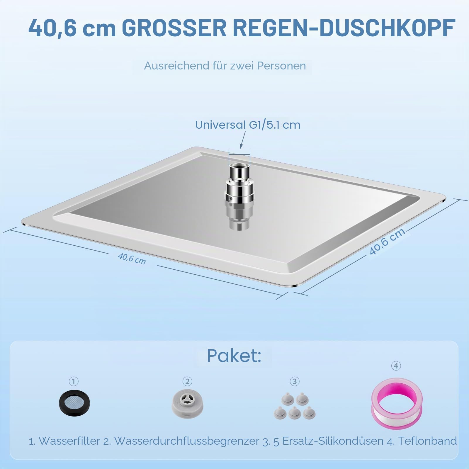 40CM Duschkopf Regendusche Groß Poliertes Chrom, 304 Edelstahl Wasserfall Duschkopf Wassersparend, Mit 324 Anti Kalk Düsen, 360° Verstellbarer 16 Zoll Regenduschkopf Eckig