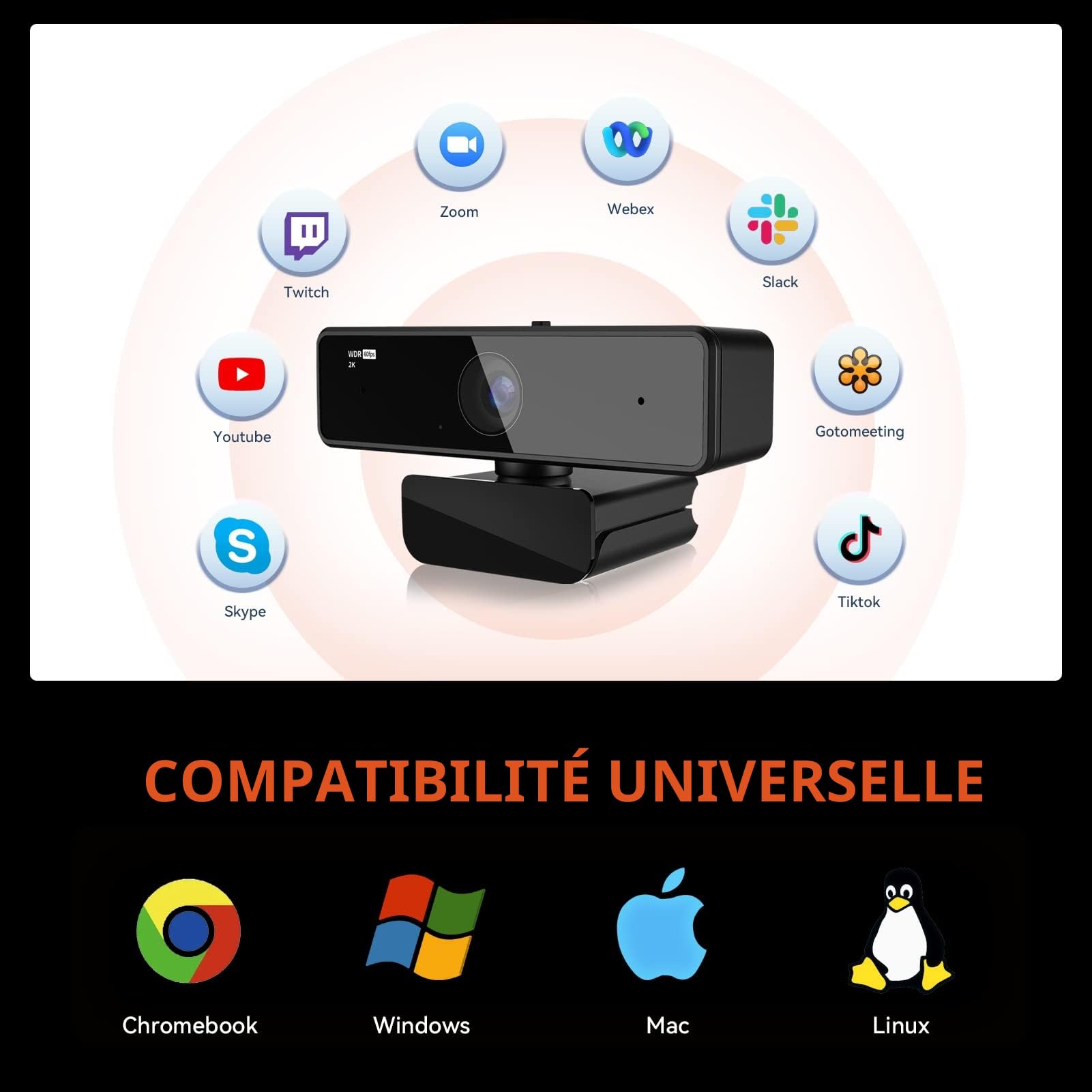 Nuroum V11 2K Webcam PC avec Microphone, Full HD 1080P/60fps Business Webcam pour Zoom/Skype, 90° Grand Angle, Couvercle de Privacité, USB Plug&Play Caméra Web pour Windows/Mac PC/Laptop