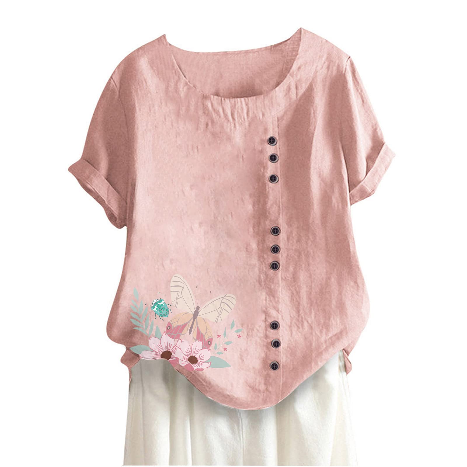 Womens Cotton Linen Casual Tops Short Sleeve Shirts Basic Summer Loose Fit Blouse Summer Fashion Dressy Tees T-Shirt