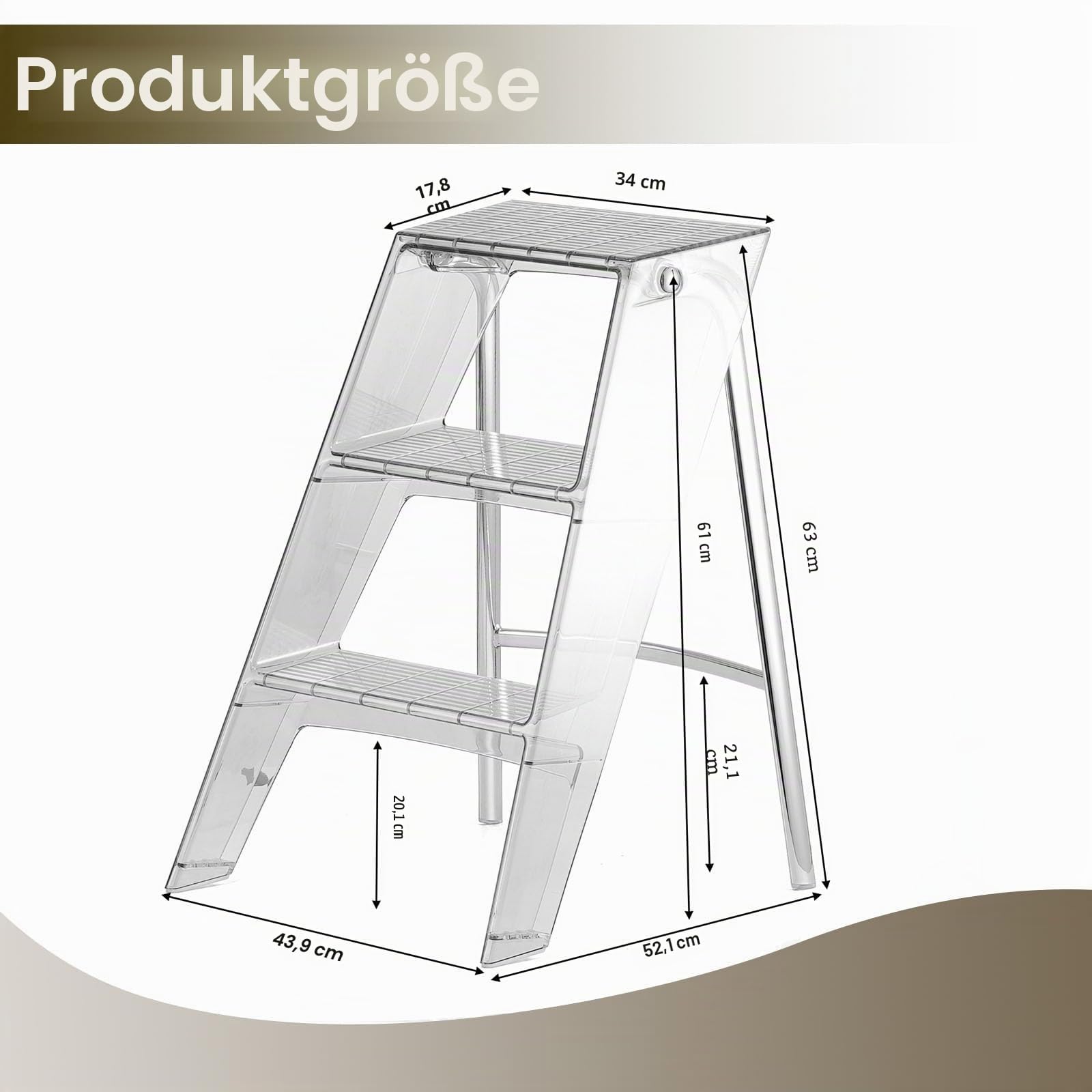 Faltbare Trittleiter 3 Stufen aus Acryl, Klappbarer Transparent Leiter klappbar, Zierpflanzen Tritthocker für Küche, Garage Büro | Fußhocker mit rutschfesten Stufen, modernes dekoratives Präsentationsregal, Pflanzenständer, Foto-Requisiten
