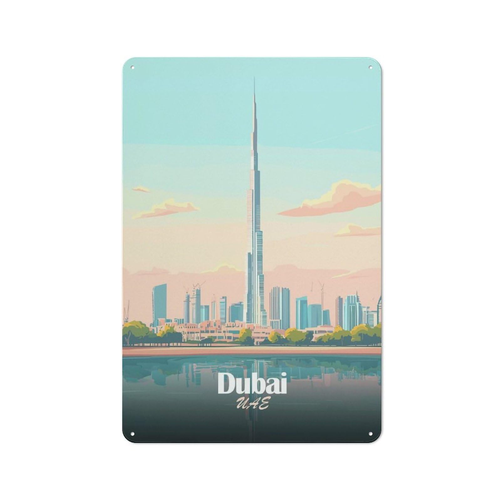 Junmoney Style-15 Tin Wall Plaque 30X20cm With Dubai Skyline Vector Illustration For Hobby Room Or Studio, For Themed Interiors In Hobby Rooms And Studios