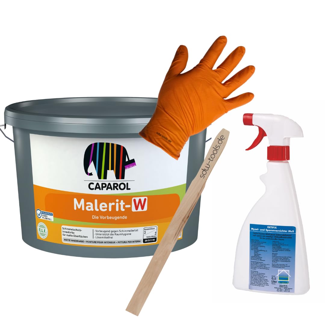 Caparol Anti-Schimmel Farbe Malerit W - weiß 2,5 Liter All in One Set inklusive Schimmelentferner, sdw-tools Rührholz und Nitrilhandschuhe - Saubere Behandlung und deckende Ergebnisse