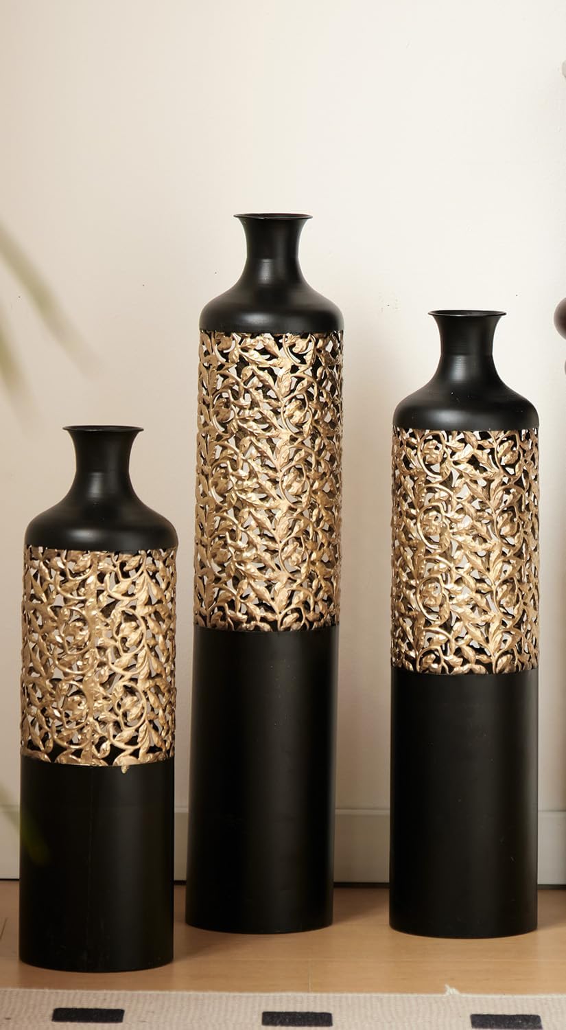 Tall Floor Vases Set of 3 for Decor Living Room Floor, Black and Gold Vases Home Decor, Embossed Body Pattern, 28.7" H/24.8" H/20.8" H Geometric Cylinder (Gold 5)