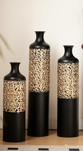 Tall Floor Vases Set of 3 for Decor Living Room Floor, Black and Gold Vases Home Decor, Embossed Body Pattern, 28.7" H/24.8" H/20.8" H Geometric Cylinder (Gold 5)