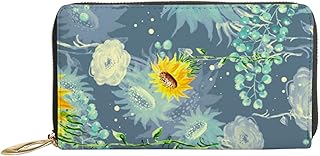Carteiras femininas de couro genuíno aquarela girassol colheita planta porta-cartão de crédito estojo com zíper organizador de embreagem de couro feminino bolsa longa viagem, Planta de colheita de girassol em aquarela, 7x4.3x0.8 Inches