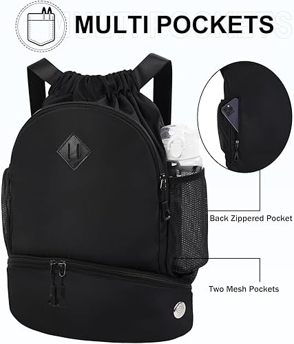 Miniatura 5 de Mochila de gimnasio con cordón y compartimento para zapatos para hombres y mujeres, bolsa deportiva de cuerda con bolsillo húmedo, bolsa de playa,
