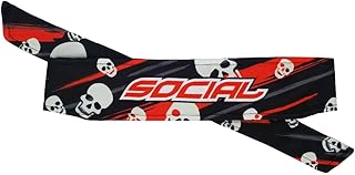 Social Paintball Long Tie Headband, Red and Black with White Skulls