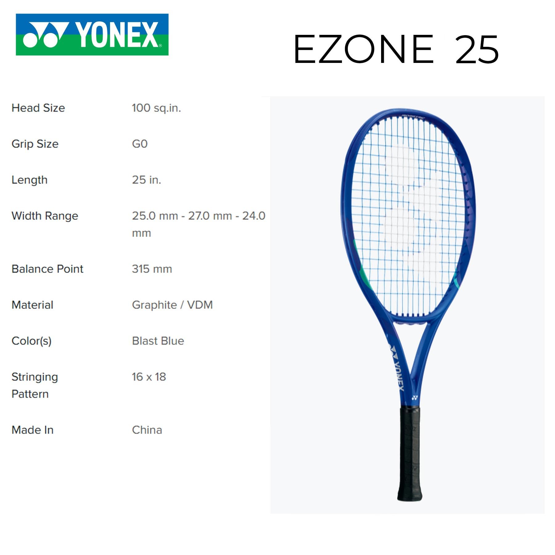 YONEX EZONE 25 Blast Blue - Racchetta da tennis pre-infilata in grafite per giocatori junior (9-10 anni/130-140 cm)
