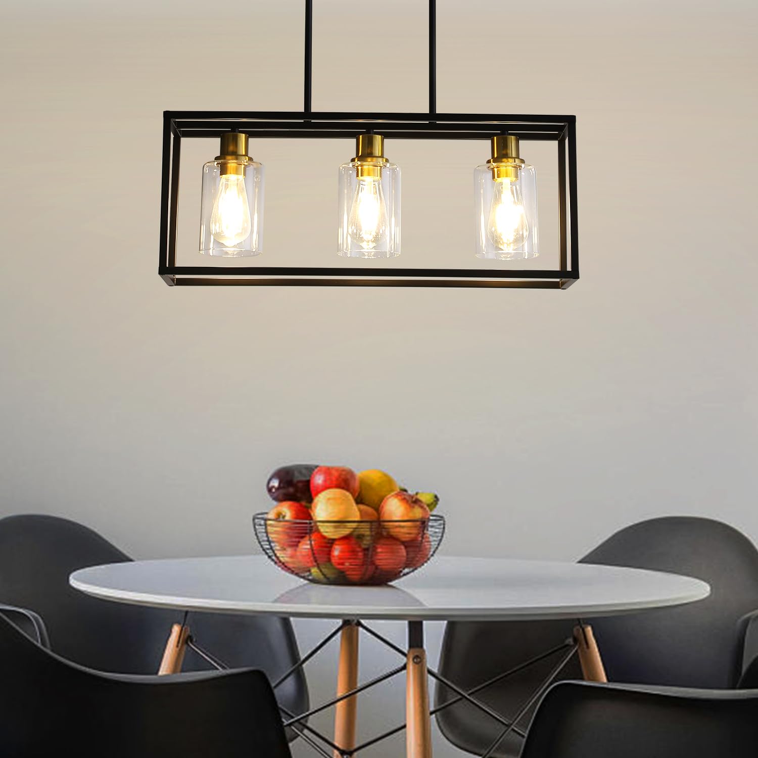 EMONG 3 Lights Chandelier Rectangle Black and Gold Dining