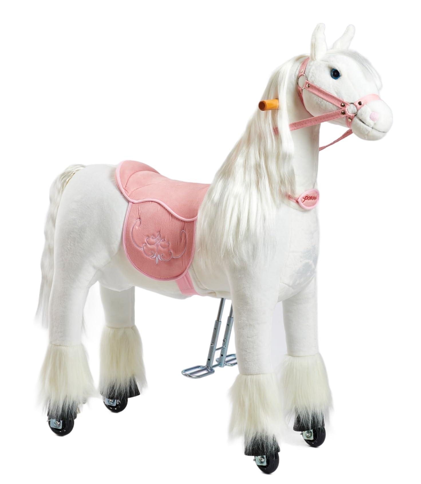 PONNIE Reitpferd mit Rollen Tiara M für Kinder 5-12 Jahre (50 kg) – Ohne Batterie – Mitwachsend Dank höhenverstellbarer Steigbügel – Kämmbar mit abnehmbarem rosa Sattel – Für drinnen&draußen – 107 cm