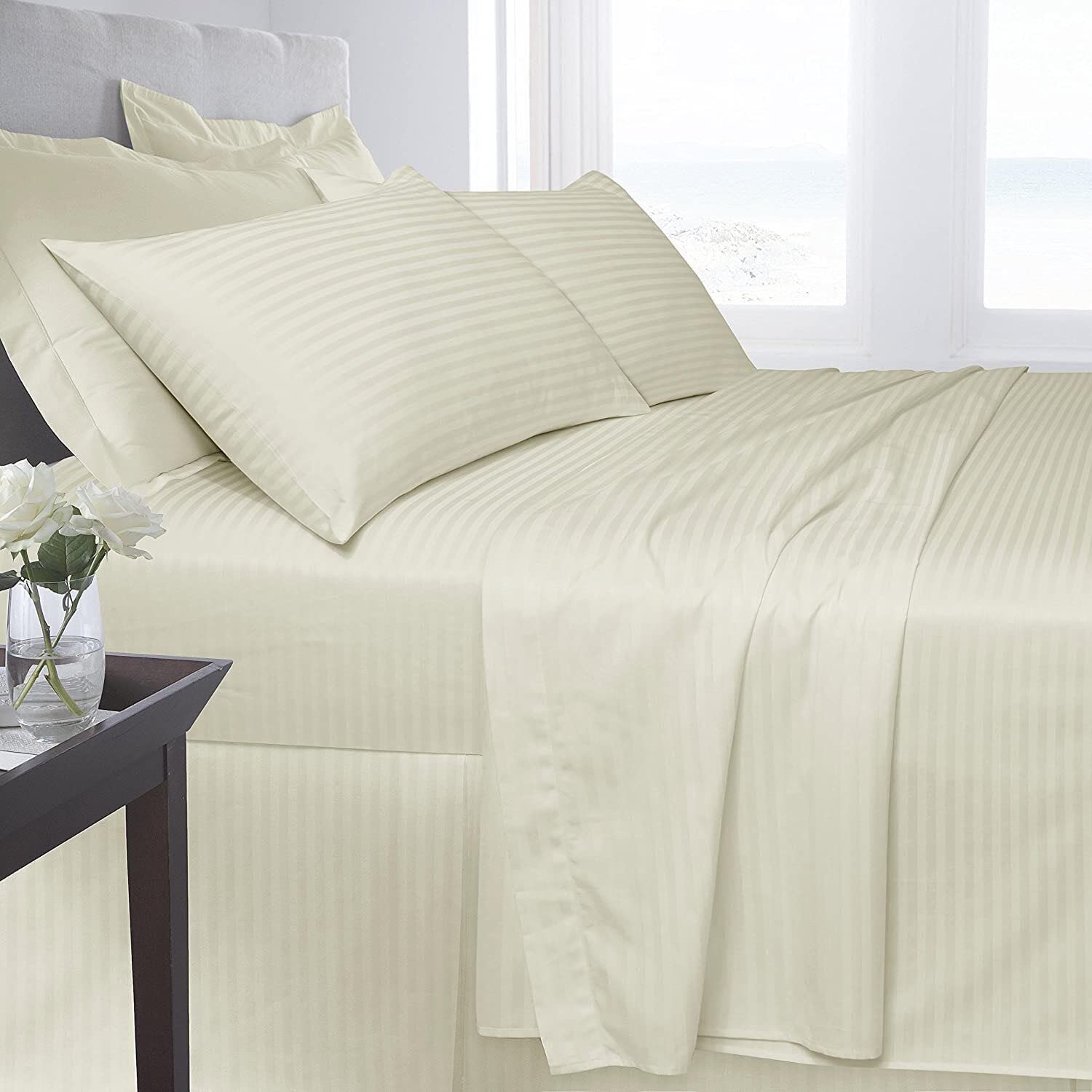 Luxury 250 Thread Count Pure Egyptian Cotton Soft Hotel Quality Flat Single Size Bed Sheet Plain Satin Stripes Percale (Cream, Single Flat Sheet)