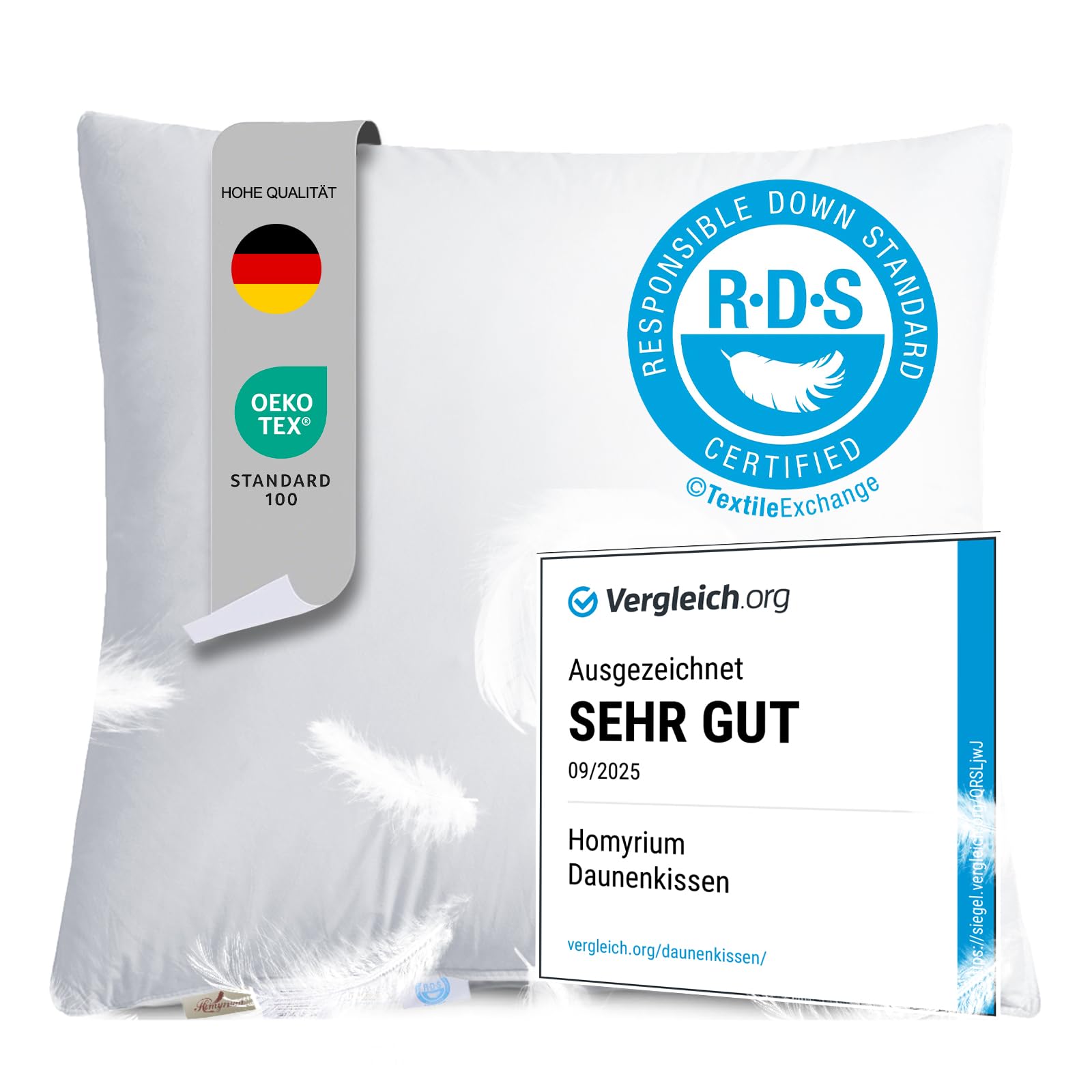 Homyrium Daunenkissen 80x80 Kopfkissen 80x80 Daunen Federkissen Dreikammer Kissen FÜLLUNG: außen 90% Daunen / 10% Federn; innen 100% Federn, 100% Baumwollbezug (1600g, 1er Pack)