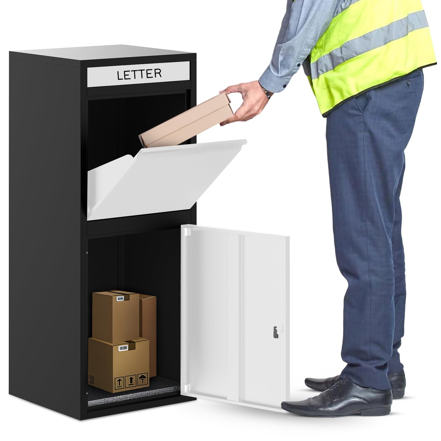 BELOFAY Floor Mounted Parcel Box, Lockable Outdoor Parcel Delivery Box, Weatherproof Steel Drop Box with Flip Lid & Secure Front Door Access, Black, 28.3D x 41.4W x 102.4Hcm