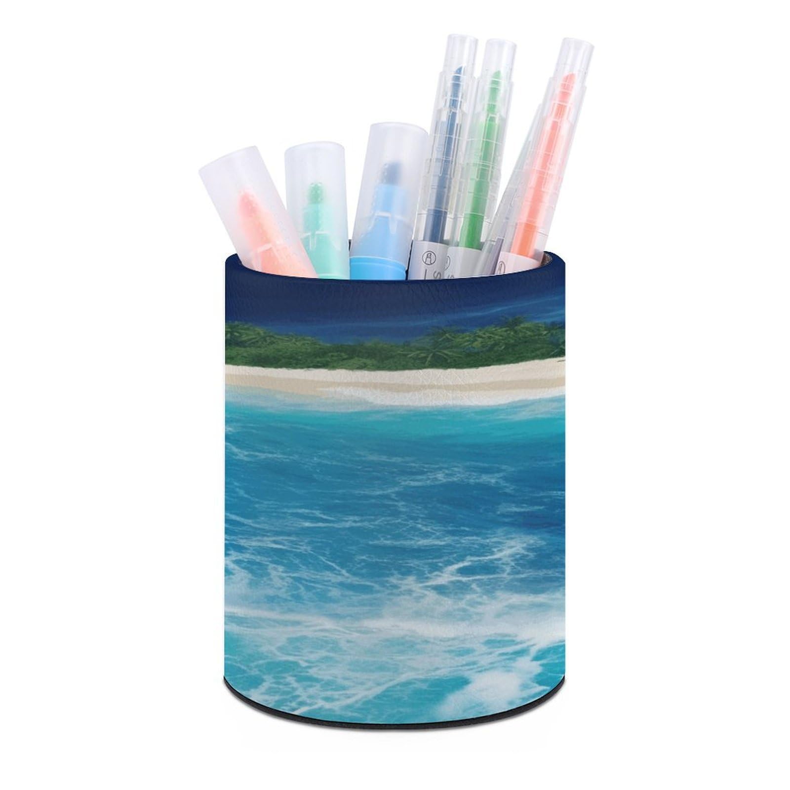 Tropical Ocean Beach Theme Pen Holder Multi-Functional Round Pencil Holder Cute Office Decoration Pen Cups Simple Design PU Leather Paintbrush Cups for Home Office Desk