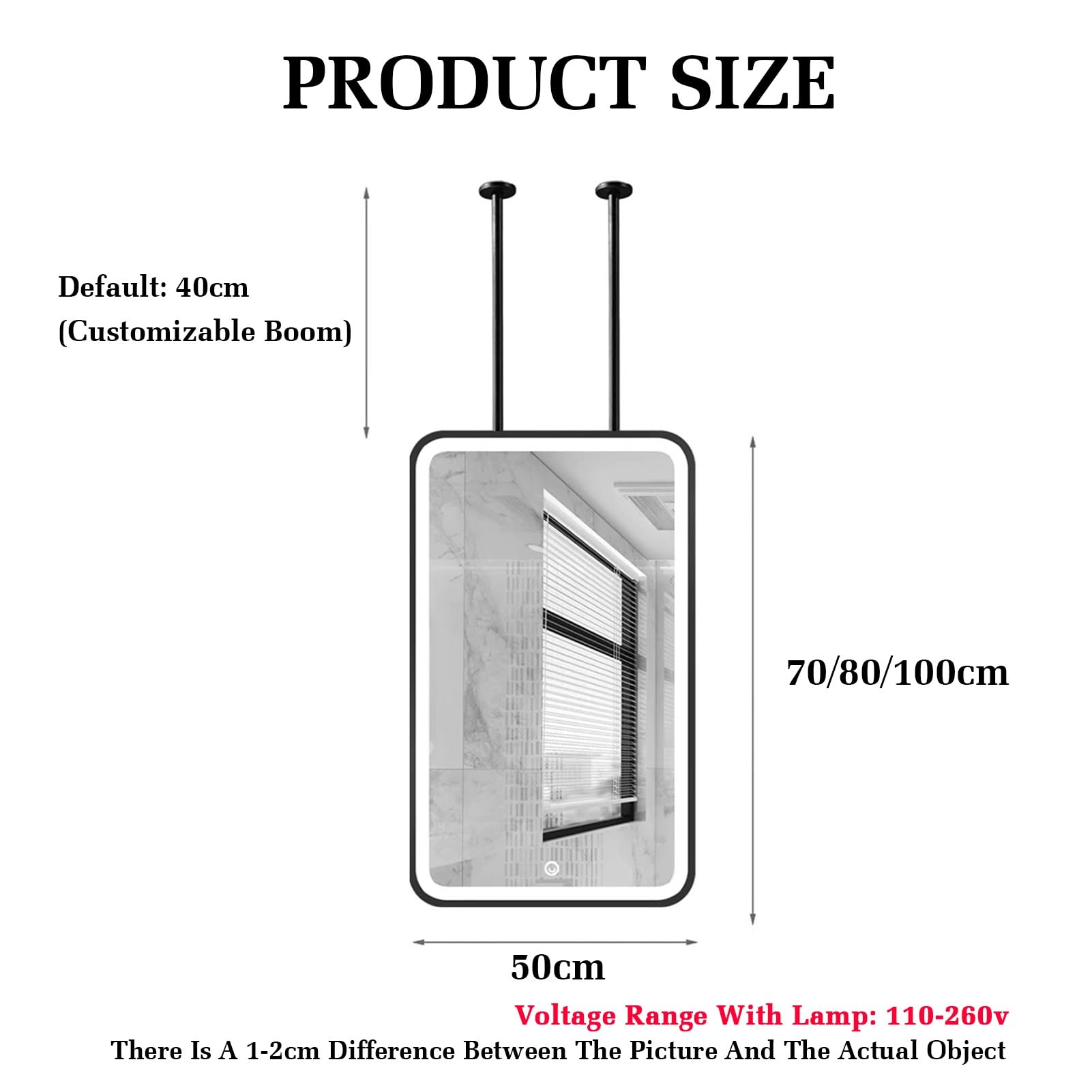 Pływające lustro sufitowe LED z metalową ramą, złota toaletka łazienkowa do makijażu i golenia, dekoracyjne montowane na suficie powyżej (50 x 100 cm)
