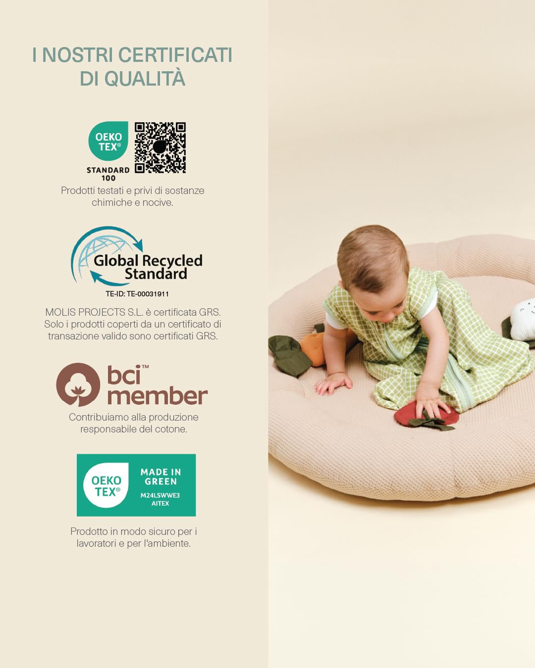 molis&co - Tappetino sensoriale per bambini, rotondo, 90 cm, con trame, suoni e giocattoli interattivi, imbottito, pieghevole, con borsa, Oeko-Tex 100 (Sand)