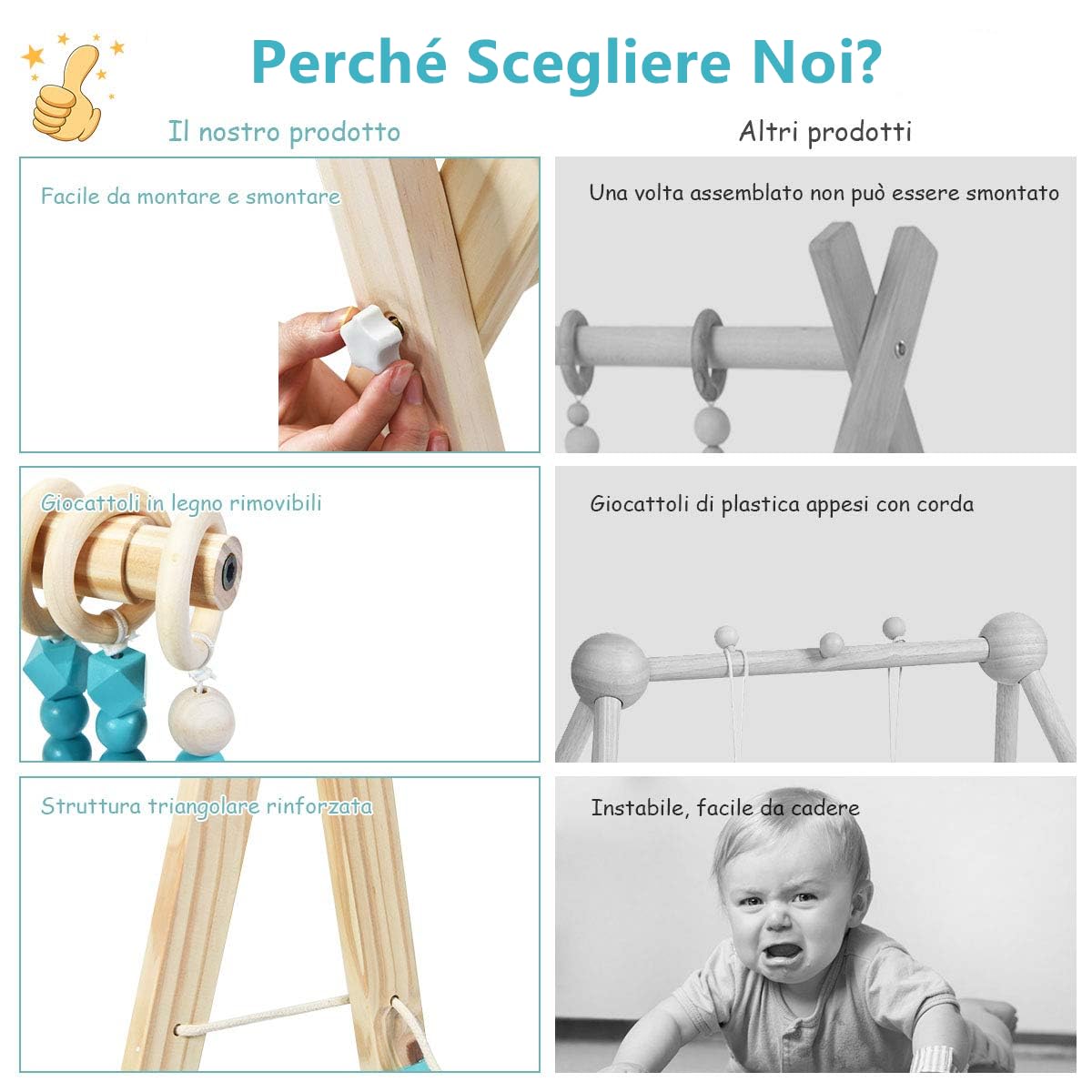 GYMAX Palestrina Legno per Neonati 3+ Mesi Pieghevole, 3 Giocattoli Sensoriali Sospesi, Arco Gioco Giocattolo Attivo per Cameretta, Allenamenti di Corpo, 60 x 44 x 60 cm (Verde)