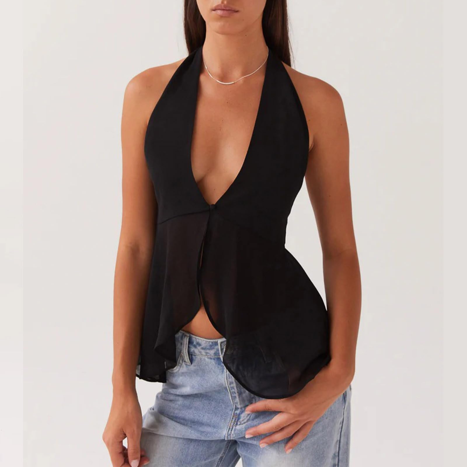 Sexy Outfit Top con Cuello Halter para Mujer, Blusa sin Mangas de Gasa Transparente con Cuello en V Profundo y Espalda Abierta, Top Elegante para Fiesta de Verano