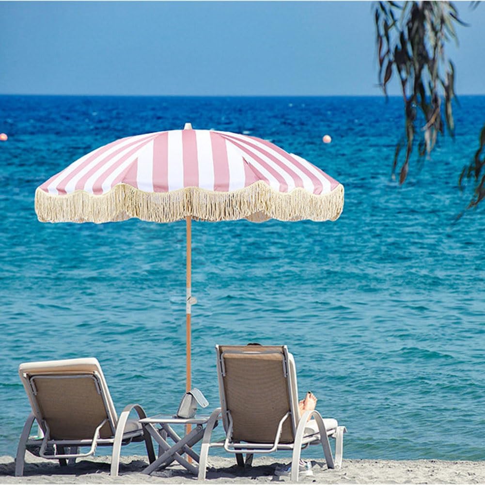 Boho Pasiasty Parasol Plażowy z Frędzlami, 200 cm Przenośny Parasol Tarasowy z Pochylanym Drewnianym Słupkiem do Basenu, Ogrodu, na Taras