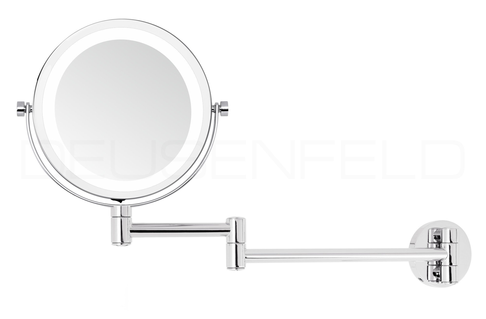 DEUSENFELD WL10CB - Batterie LED Doppel Wand Kosmetikspiegel, 10x Vergrößerung + Normal, Ø17,5cm, 360° vertikal und horizontal schwenkbar, 35 SMD Tageslicht LEDs, Metall verchromt