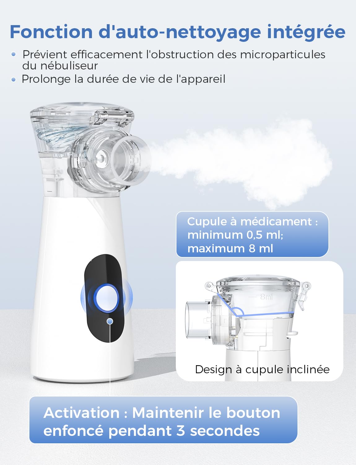 YOHOOLYO Nebulisateur Inhalateur Vapeur Portable Rechargeable pour Adultes et Enfants, Inhalateur Respiratoire Electrique avec 2 Masques et Embout Buccal, pour Usage Domestique et en Voyage