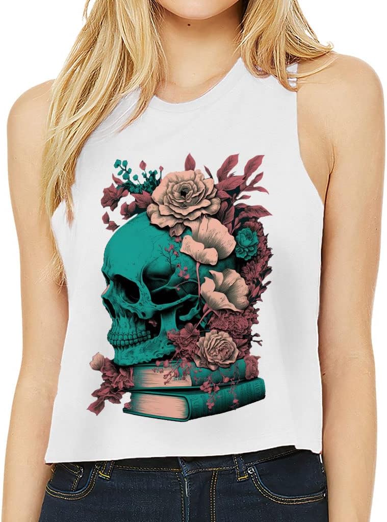 Skull Racerback Cropped Tank - Gothic Women's Tank - Illustration Tank Top - White, XL