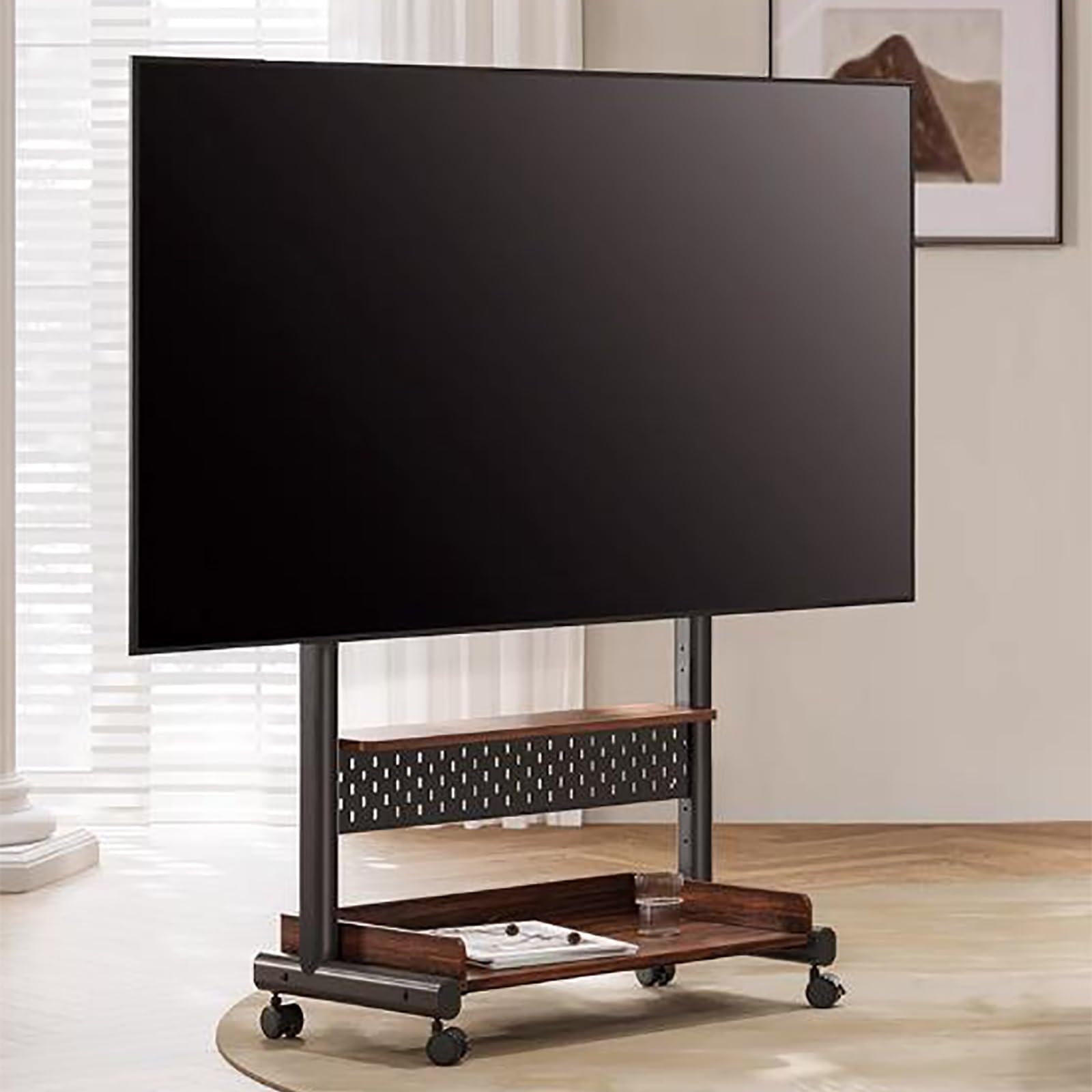 HPTHLY Lcd Tv Floor Stand - Mobile Tv Cart Stand With Wheels, Height Adjustment Double-Column Tv Stand, Portable Rolling Tv Cart With Storage Shelf, For 40-85 Inch Tv, Holds 60Kg