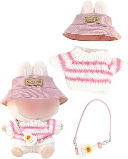 ZEXIJOW Ropa para muñeca La-bu-bu de 17 cm,Suéter de rayas blancas,Gorro rosa, guitarra decorativa rosa,Llavero de peluch...