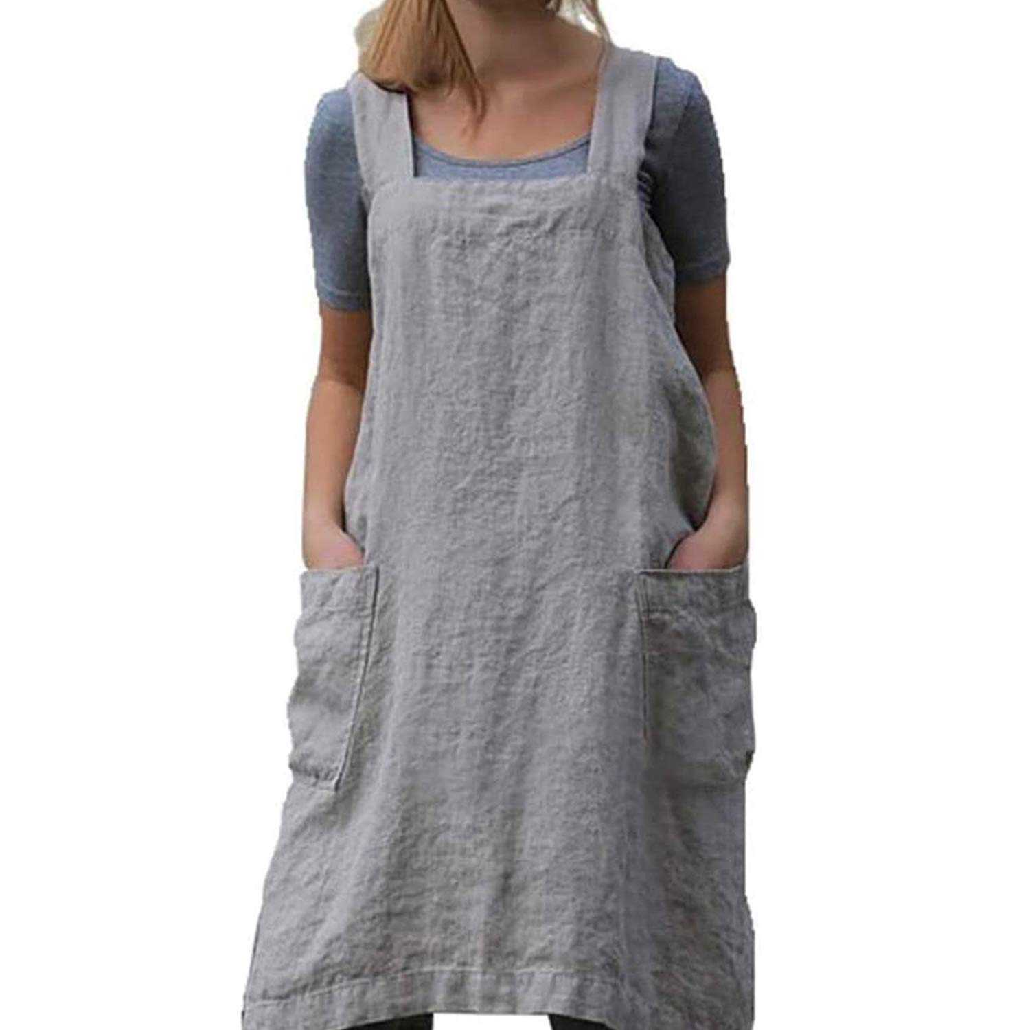 TBA Cotton Linen Apron Cross Back Apron for Women with Big Pockets Square Pinafore Dress for Baking Cooking BBQ & Grill, Gray, XXL