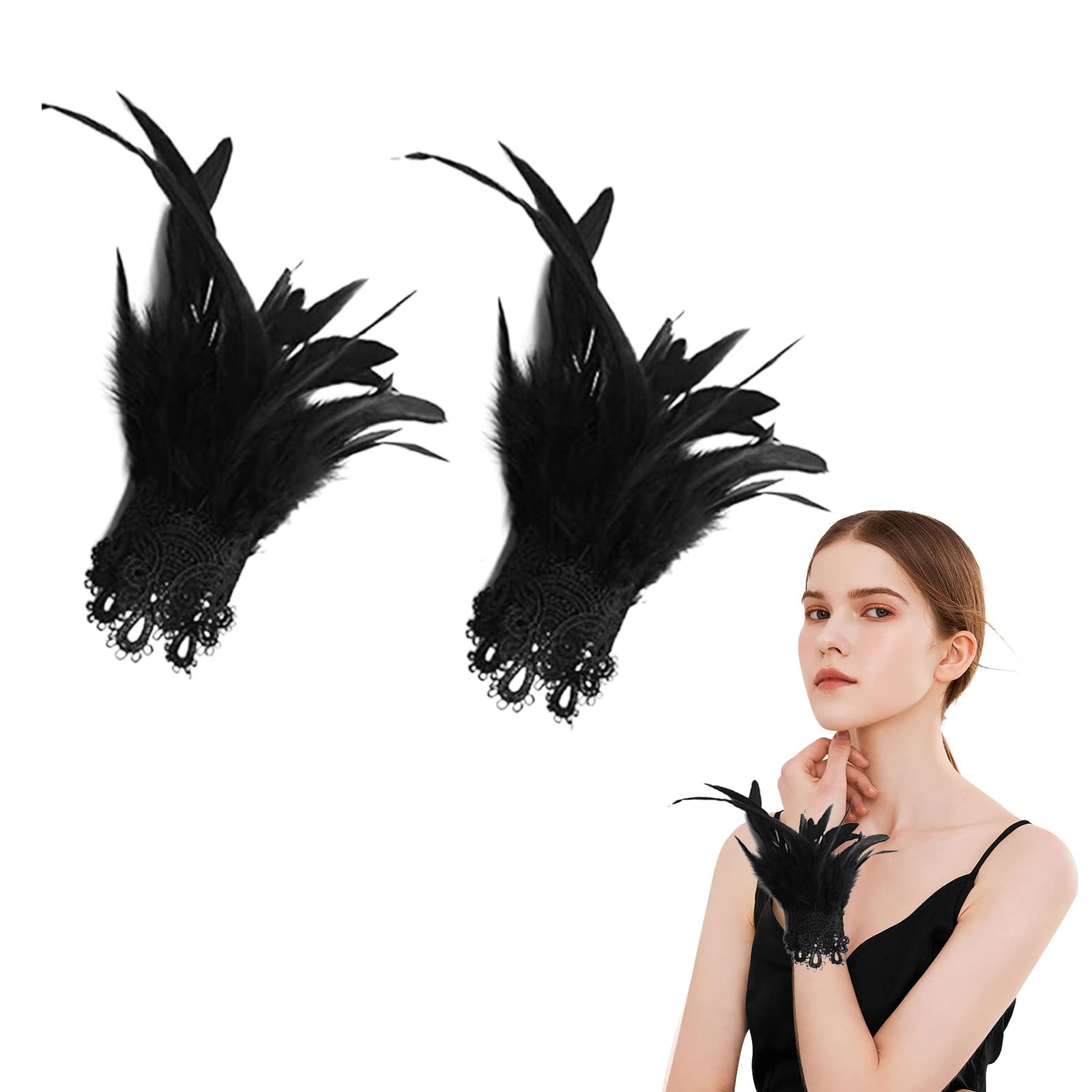Polsini Con Piume Nere Per Costumi - Set Per Feste, Halloween, Matrimoni, Regolabili - Foto 5