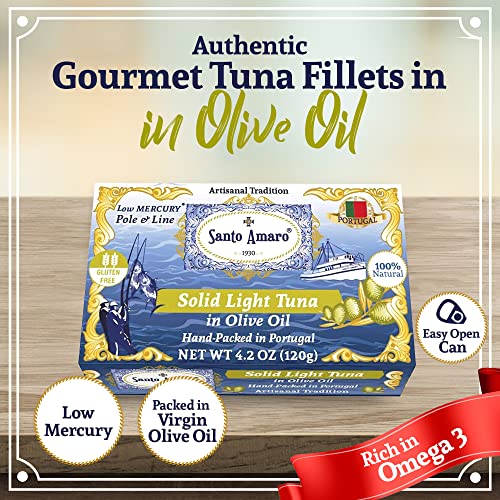Image of Santo Amaro - Artisanal Wild Tuna Fillets in Virgin Olive Oil, Hand-Packed Canned Tuna from Portugal, Atlantic Natural Tuna, Pole & Line Skipjack Tuna Canned, Low Mercury, 22g Protein Keto, Pack of 3