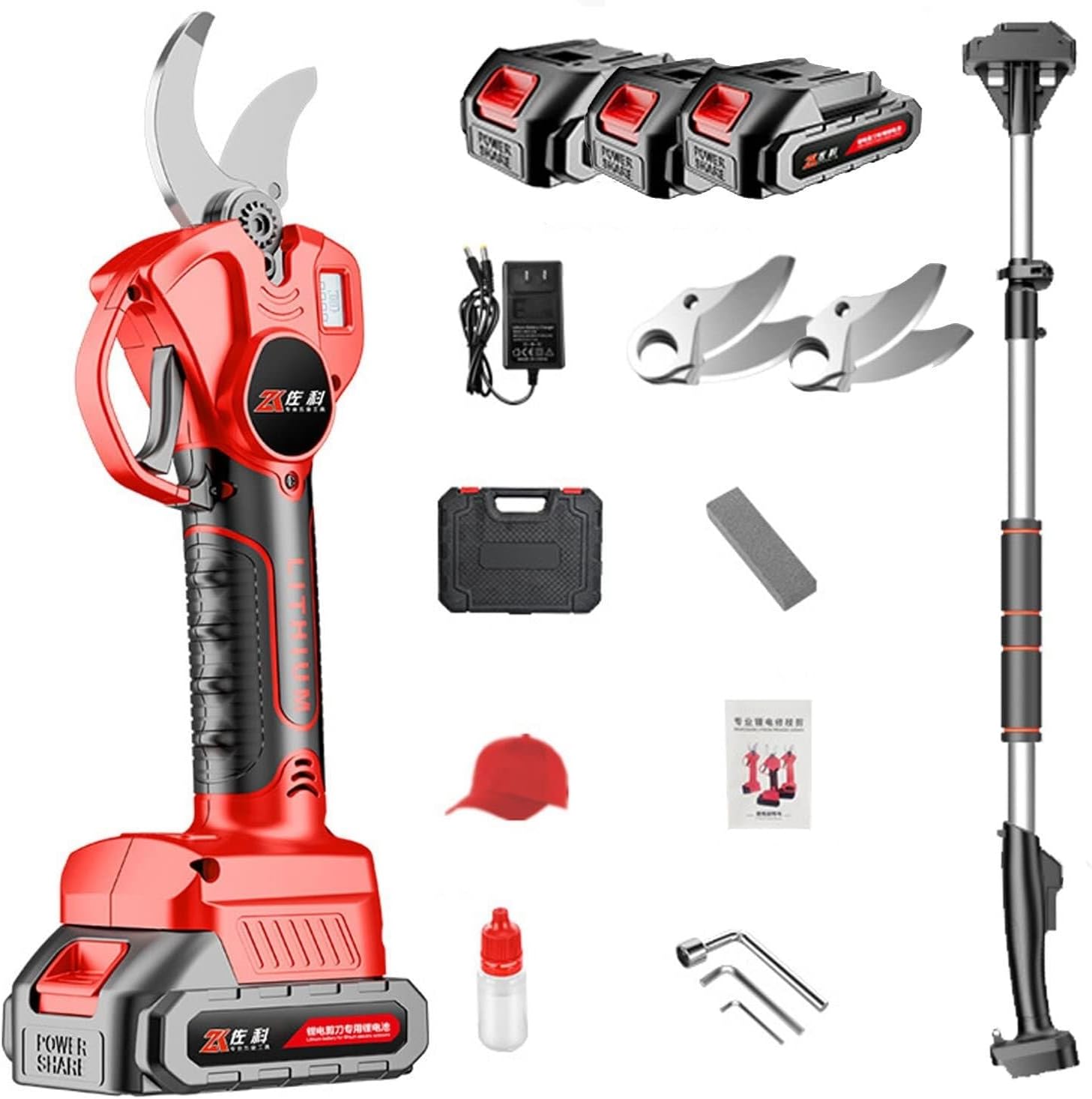 Cordless Electric Pruning Shears, Extendable Tree Pruning Pruner 21V 30mm Cut Electric Pruner Battery Powered,with Extension Pole, LCD Display Screen (2battery 1blade)