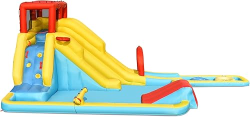 Miniatura 9 de OLAKIDS Tobogán acuático inflable, casa de rebote 7 en 1 con 2 toboganes, pared de escalada, piscina de chapoteo, borde de baloncesto, pistola de