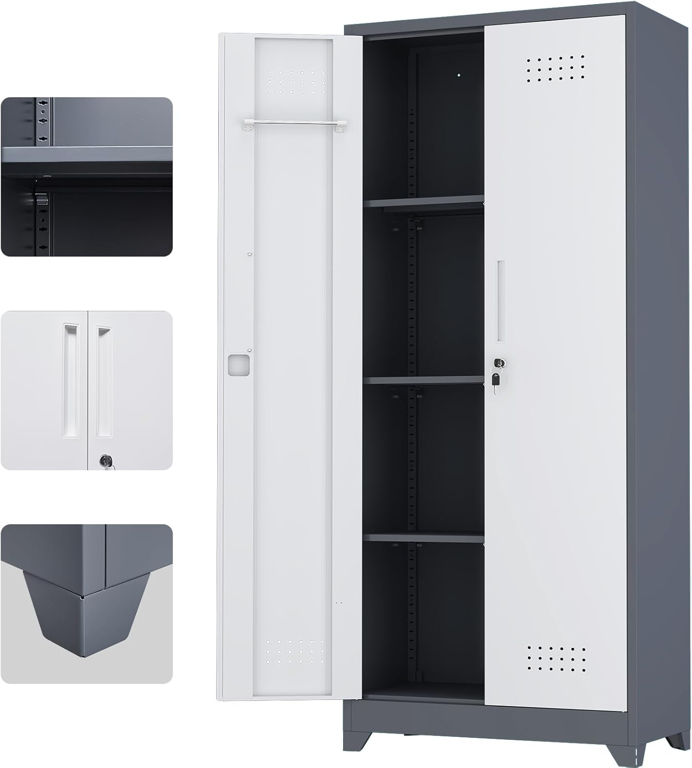 IRONFFICE Metal Storage Cabinets,Garage Tool Storage Cabinets with Hanging Rod,Locking Broom Closet Cabinet,Utility Closet with Doors for Home Office,Basement,Gyms,Grey-White