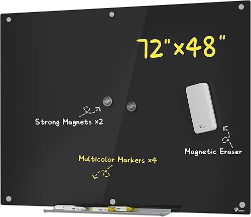 TOWON Pizarra blanca de cristal de 6 x 4 pies, pizarra blanca magnética negra de borrado en seco de 72 x 48 pulgadas, pizarra de borrado en seco de