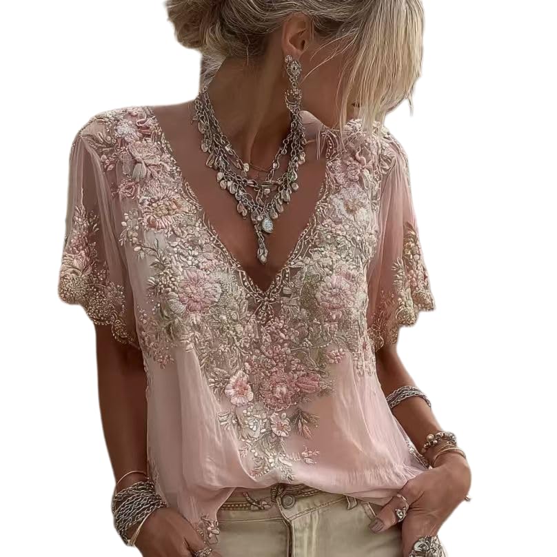Women 3D Floral Embroidery V Neck Blouse Drop Shoulder Loose Fit Jacquard-Like Polyester Top