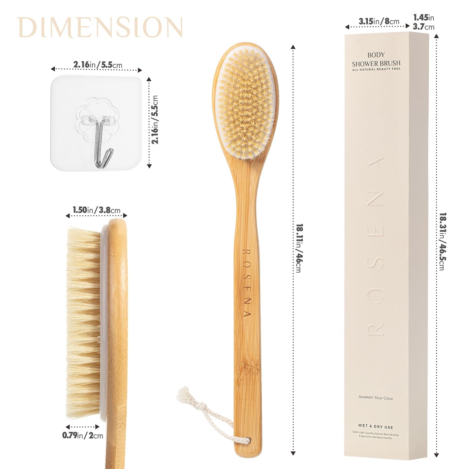 Brosse de douche de qualité supérieure avec manche long – Design monobloc solide – Poils naturels doux – Pour un brossage humide et sec – Exfoliation naturelle de la peau et éclat