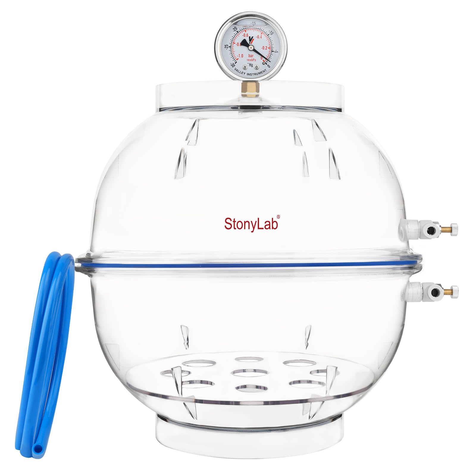 stonylab Desecador de Vacío de PC, Material Reforzado para Mayor Durabilidad, Sello de Silicona Confiable, Sistema de Doble Válvula, Equipado con Manómetro, Diámetro de 300 mm, para Uso en Laboratorio