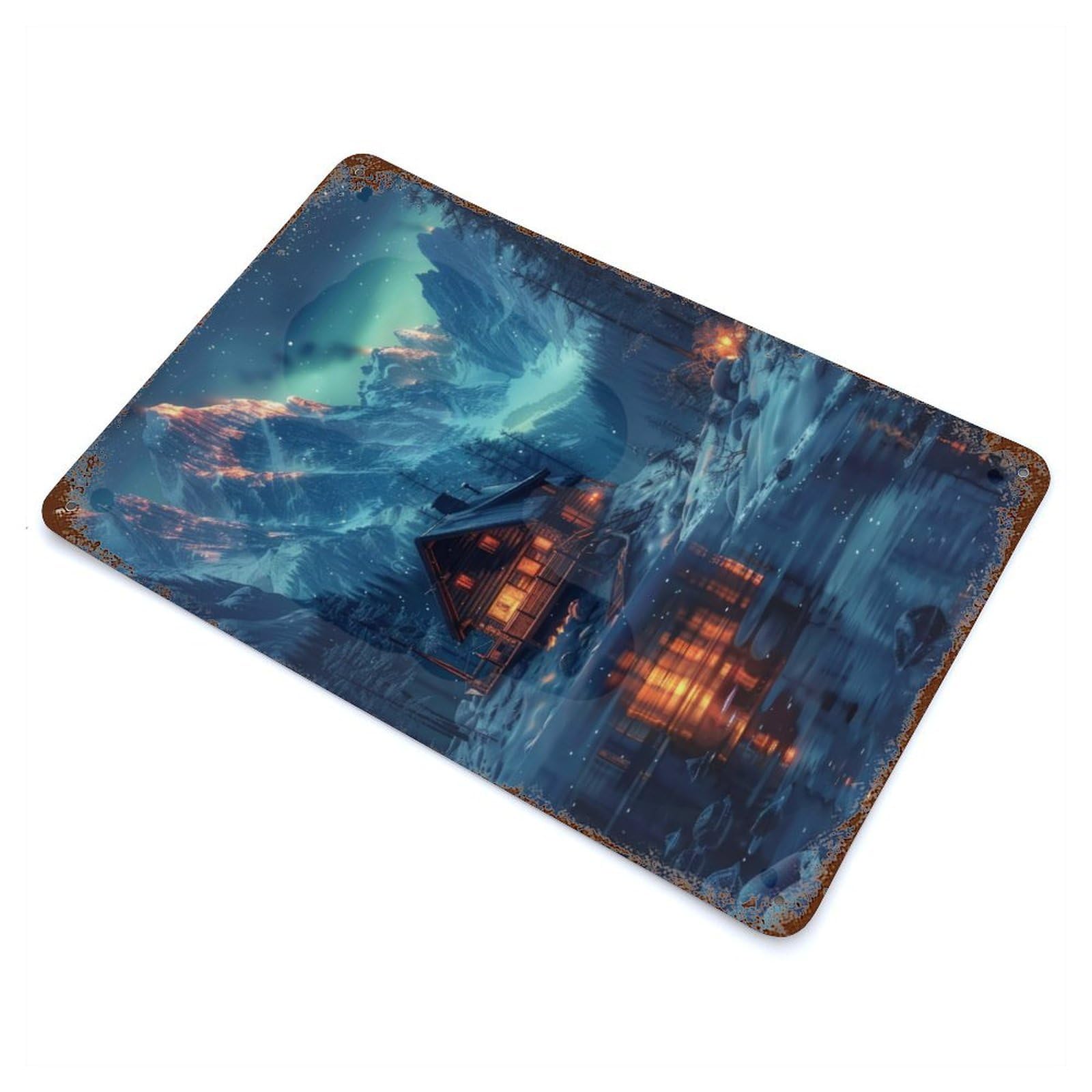 Snowy Nature Aurora Cabin Rusty Metal Tin Sign 11.8"x7.9", for Shed, Workshop And Garage Wall Decor, Novelty Wall Decor