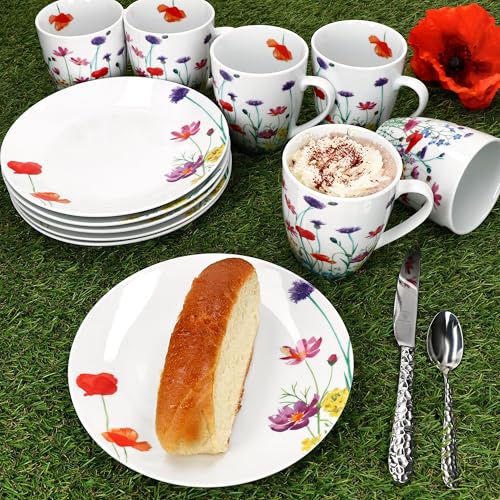 MamboCat Marie 12tlg Frühstücksset I Porzellan-Geschirr mit Blumenwiese-Dekor für 6 Personen I Je 6x Teller & Becher 320ml für Frühstücks- & Kaffeezeit