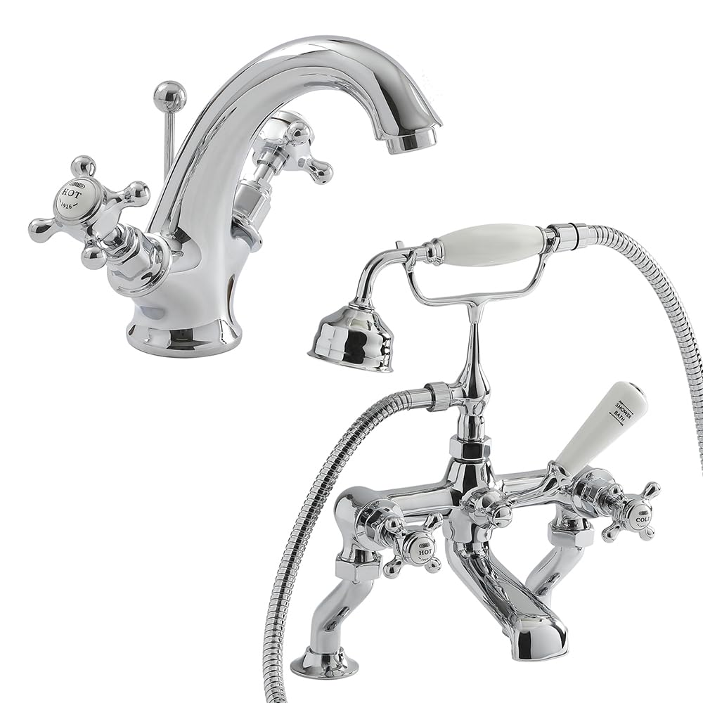 Milano Chrome & White Elizabeth Mono Bathroom Basin Mixer Tap Bath Tap Hand Shower - Chrome White